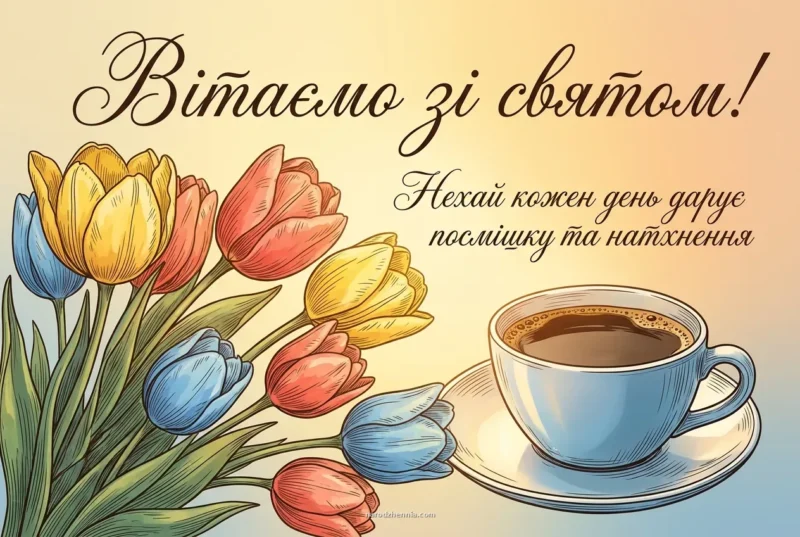 Святкова листіка з тюльпанами та кавою